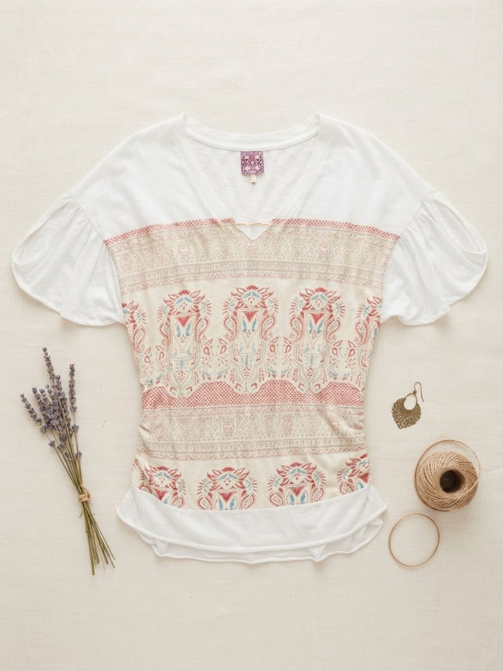 Free People White Short Sleeve Boho Print Tee with Coral and Teal Accents